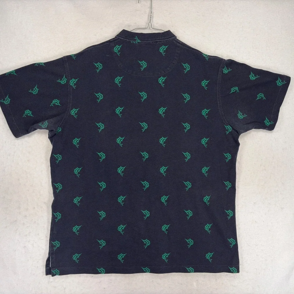 Vintage Polo Ralph Lauren Marlin Fish Print Polo Shirt XL Black Green Cotton